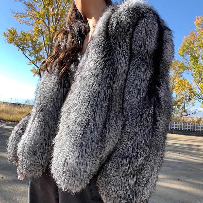 Echte Natürliche Silber Fuchs Pelzmantel High-end-Qualität Echte Frauen Winter Luxus Weibliche Jacke Langarm