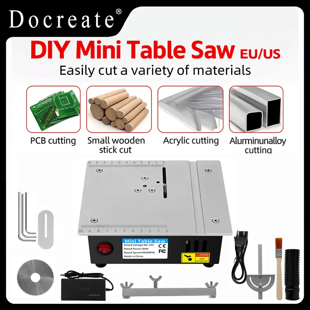 Mini Sierra de mesa DIY, máquina cortadora compacta de 96W y 5000RPM para PCB, madera, acrílico, aluminio con velocidad ajustable, enchufe UE/EE. UU. ﻿