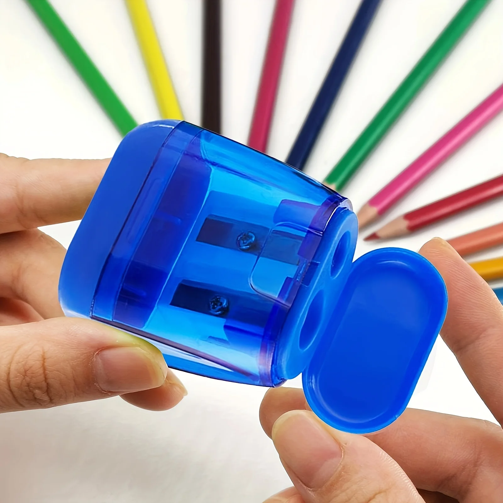 Sacapuntas de doble orificio de 4 piezas con tapa y recipiente para virutas, juego de sacapuntas manual portátil para lápices de colores.