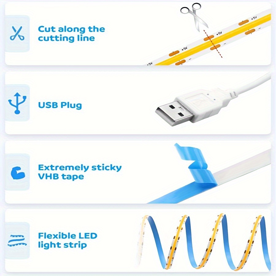 COB LED-stripverlichting Aanraaksensor Dimbaar 5V USB RA90 Kerstmis DIY TV Spiegel Backlight Flexibele linttape Kamerdecoratie