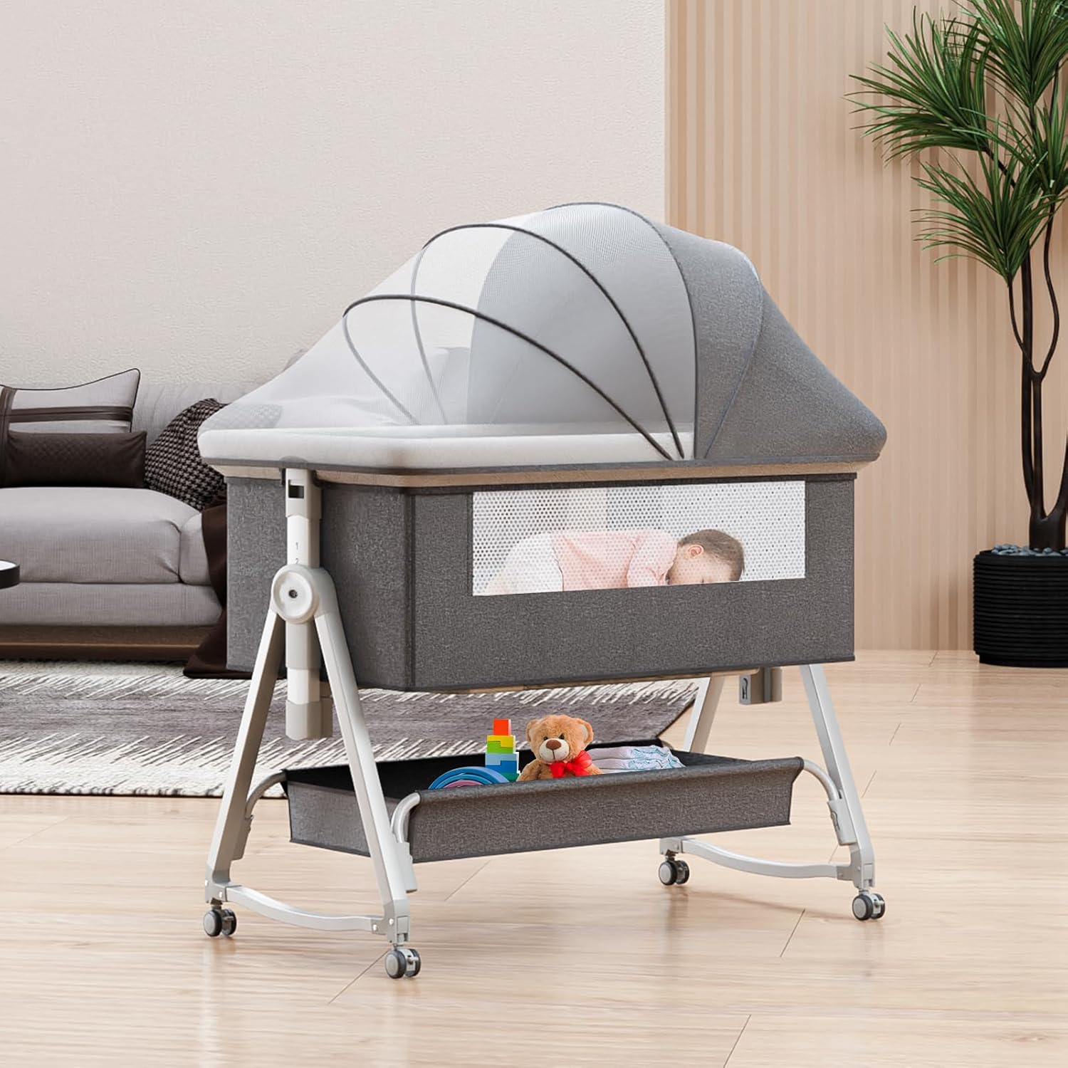 Cama de bebê 3 em 1 com cesta de armazenamento e mosquiteiro, berço de bebê com cinco ajustes de altura, berço de cabeceira para recém-nascidos de 0 a 12 meses