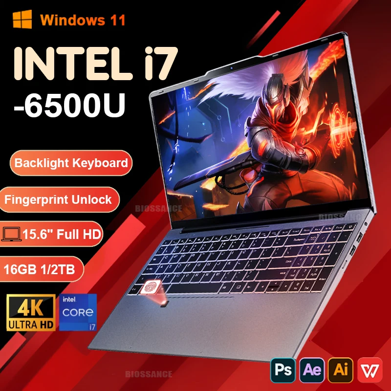 2025 Sblocco impronta digitale Laptop Windows 11 15.6" Intel Core i7 6500U Computer 16GB RAM 1TB SSD Gaming Office PC notebook Retroilluminato