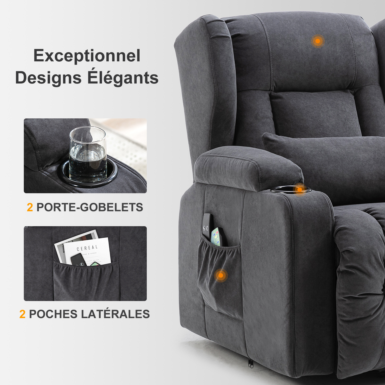 Fauteuil inclinable COMHOMA, fauteuil de massage avec surface en tissu, fauteuil releveur électrique, fauteuil TV, fauteuil avec fonction d'inclinaison, tissu