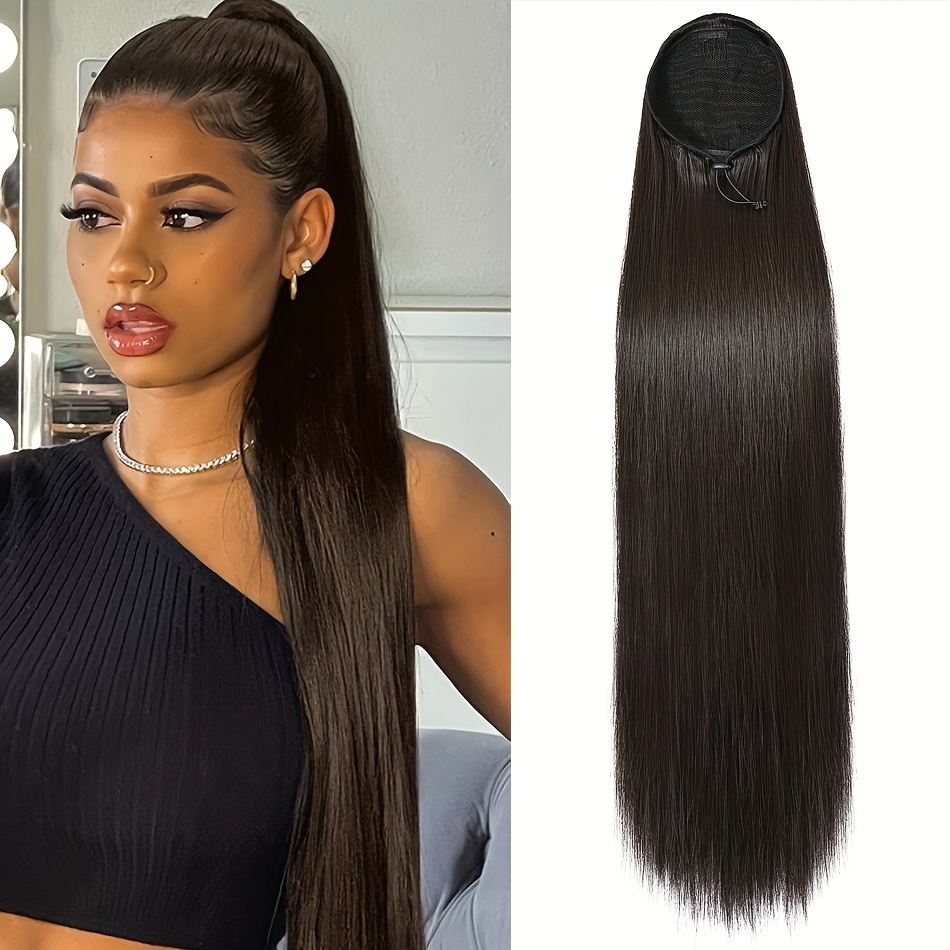 10-26 Inch Long Straight Drawstring Ponytail Extensions 100% Human Hair Wrap Around Clip In Ponytail Hairpieces Natural Black 1B