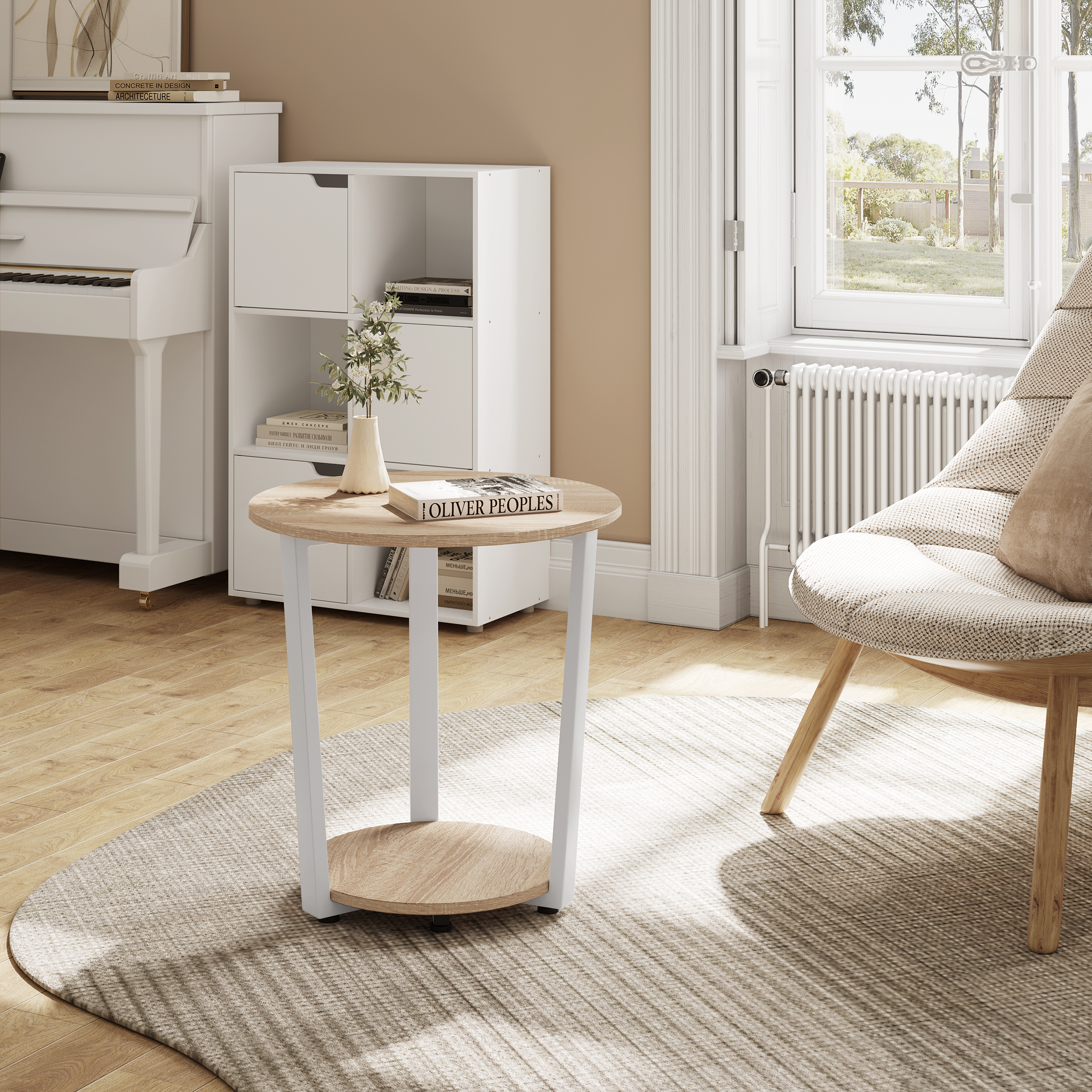 Mesa de centro redonda, sofá pequeño moderno con 2 estantes, escritorio de té, mesita de noche para sala de estar, dormitorio y hogar