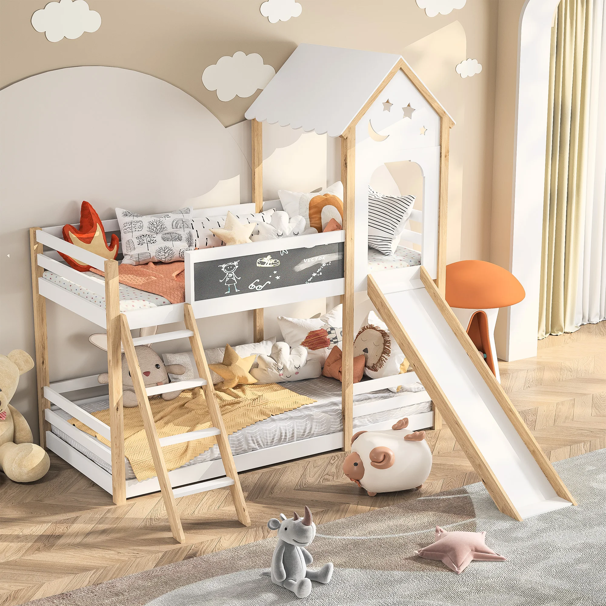 Letto matrimoniale 90x200cm con scale e scivoli, letto con recinzione, letto con lavagna per bambini, legno massello ecologico