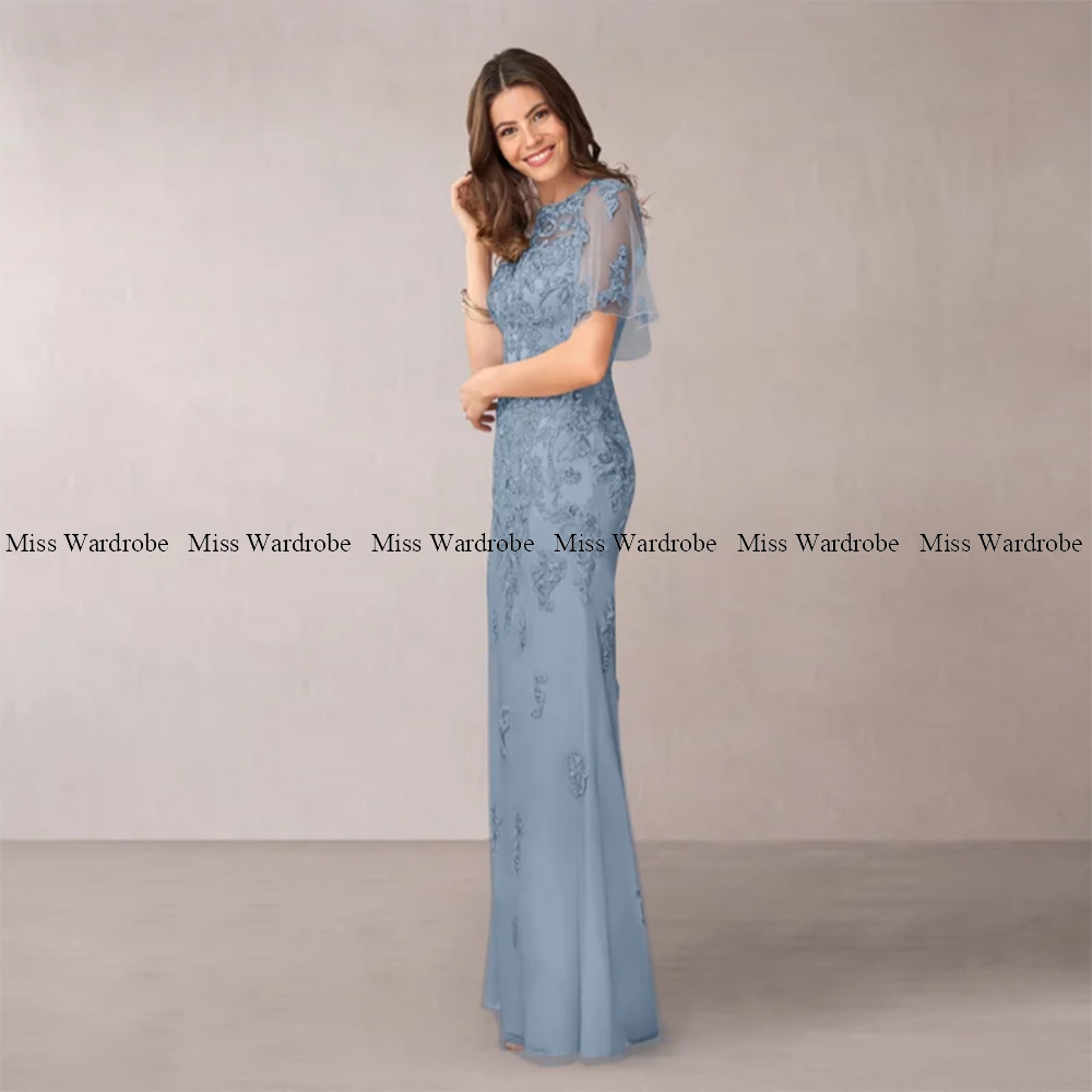 Mutter Der Braut Blau Kleider Bodenlangen Tüll Applique Kurzarm Lange Für Hochzeiten Formale Party Kleid Elegante Customze