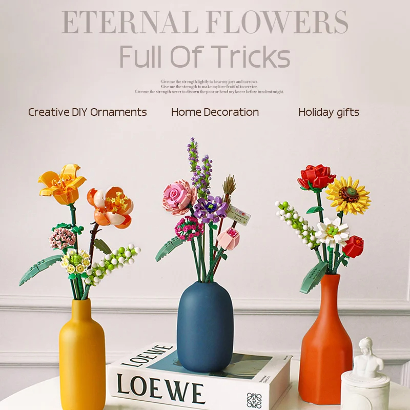 Blocs de construction de Bouquet de fleurs de roses romantiques, modèle de tournesol, briques, décoration de bureau créative, jouets DIY pour enfants, cadeaux pour filles