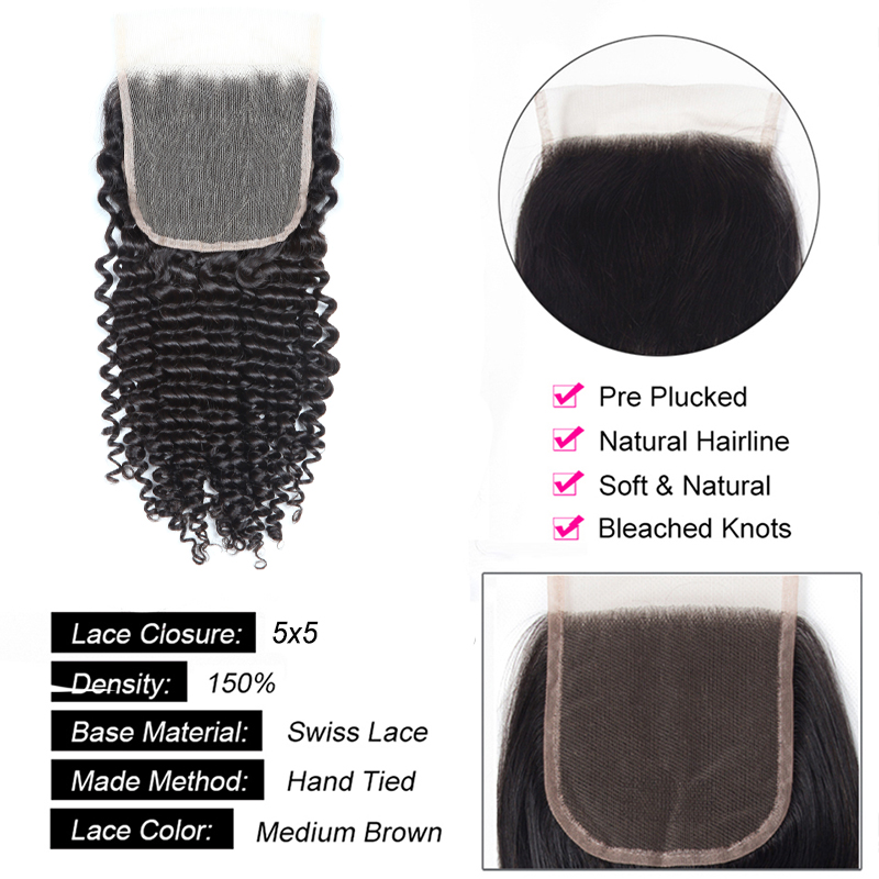 ブラジルの深い巻き毛のレース留め,透明な人間の髪の毛,スイスのレース,肌を溶かす,小さな結び目,5x5