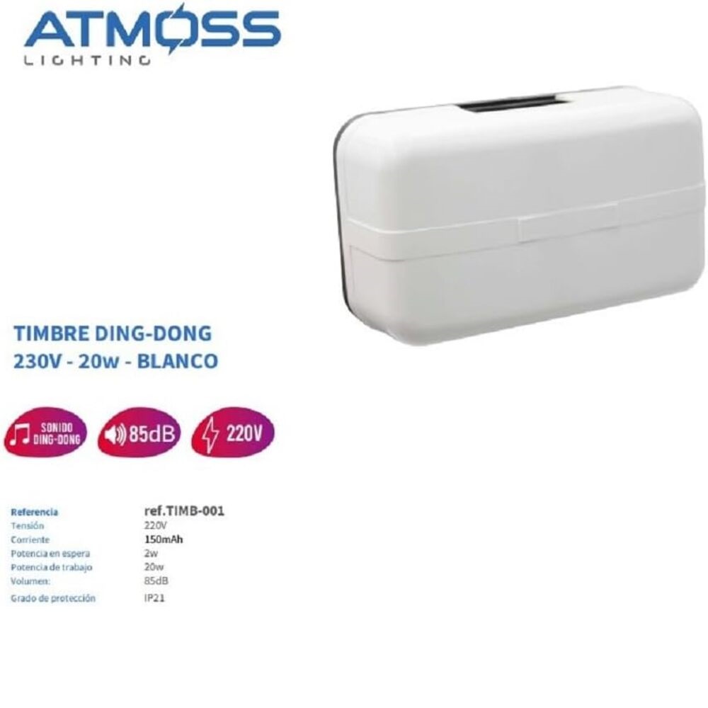 Timbre De Puerta Musical DING-DONG Para El Hogar, 230V 20W 85Db, Color Blanco, Para Montaje En Pared, Sonido Fuerte y Penetrante, Fácil De Usar