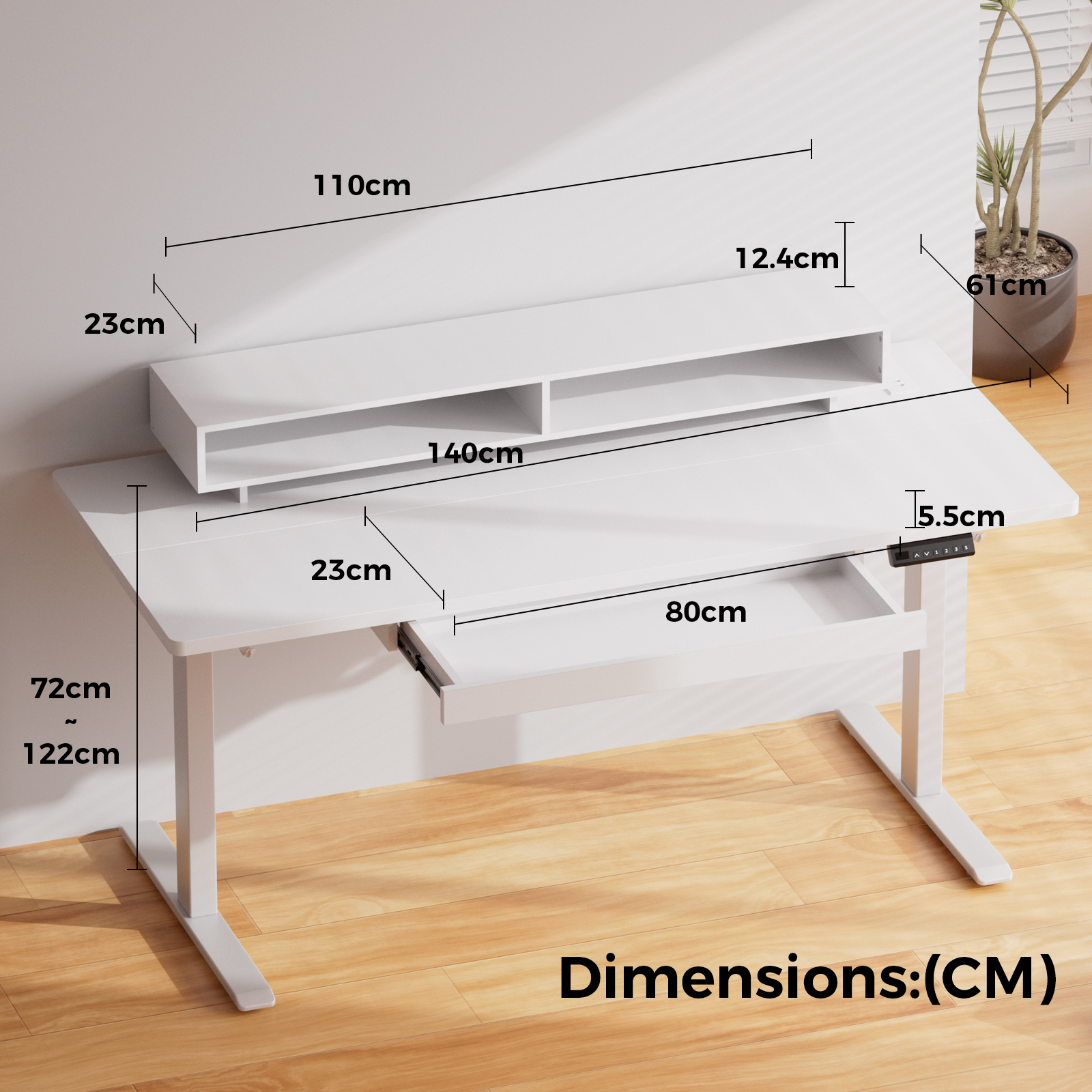 GTPLAYER Bureau Réglable en Hauteur Électrique 120x60 cm avec Tiroirs et Support Écran Bureau Ergonomique pour Bureau et Gaming Blanc