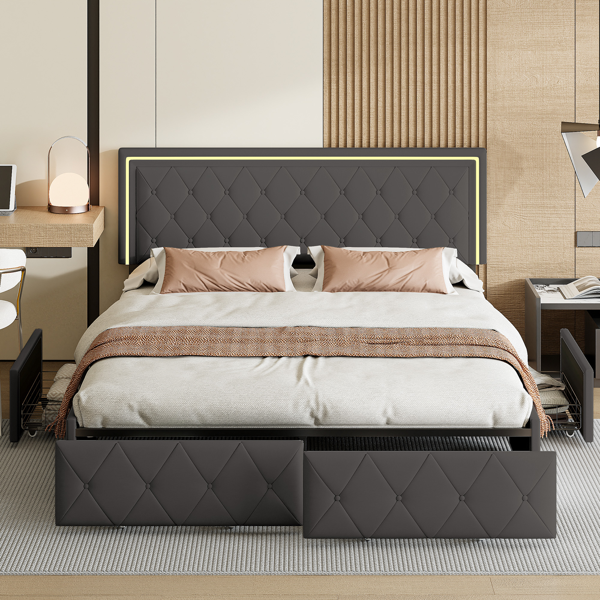 Rosahqnda Lit moderne en simili cuir avec tiroirs, lit double élégant en simili cuir avec rangement, sans matelas