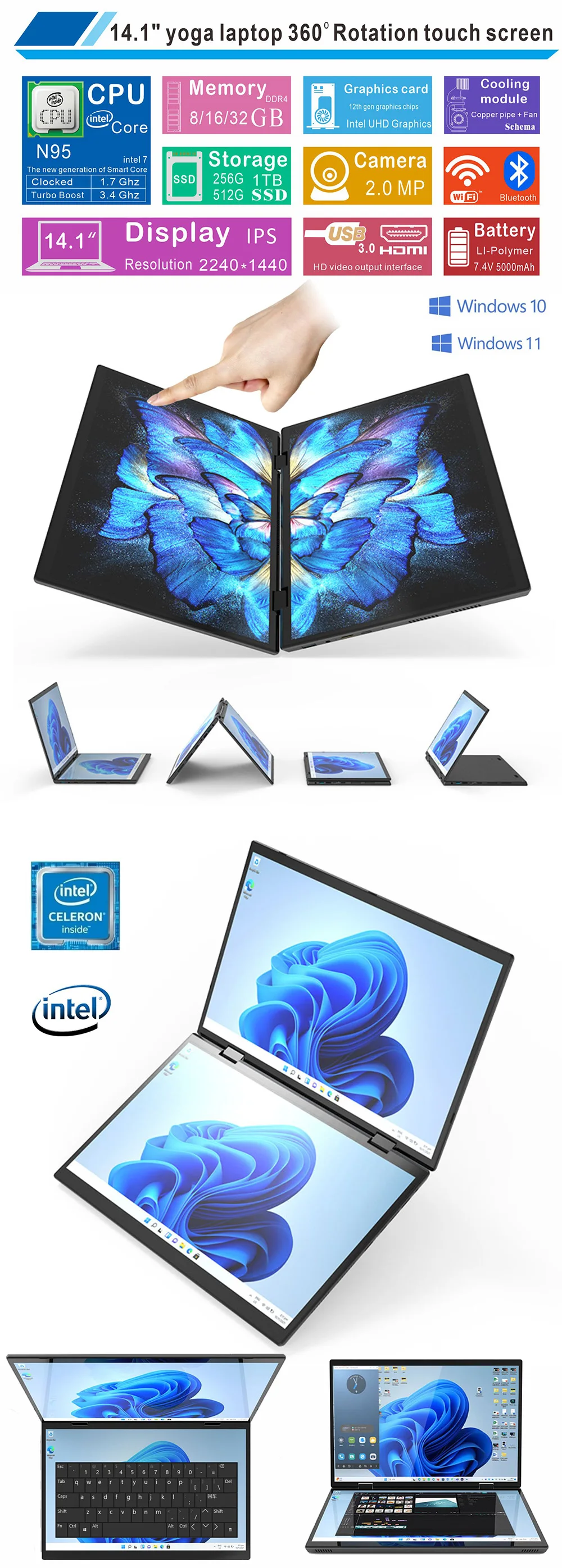 2024 Oem Tablet Laptop 2 In 1 Intel Processor N-Serie N100 Computer Zakelijke Laptop Yoga Dual Touch Screen Ddr5 16Gb Notebook