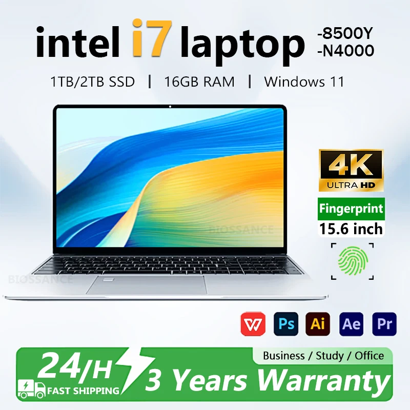 Notebook da 15,6" Windows 11 Intel Core i7 8500Y N4000 16 GB di RAM 1 TB 2 TB SSD Sblocco impronte digitali 4K Studio Computer da ufficio PC