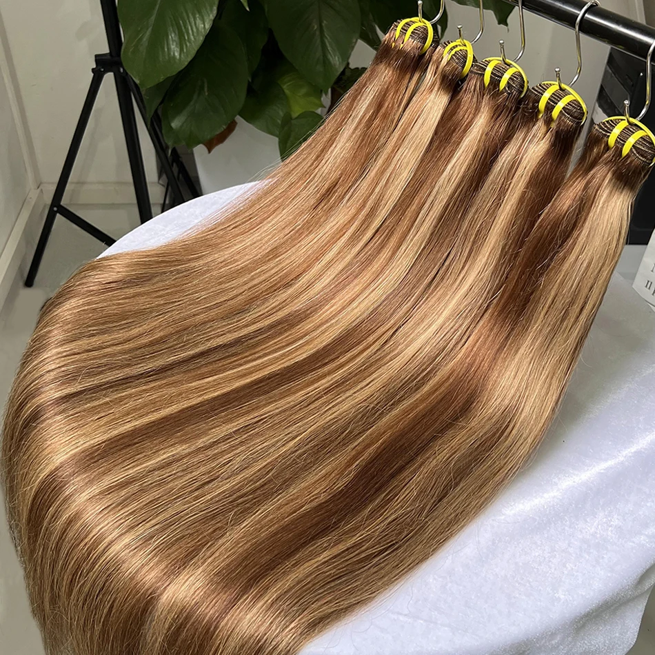 Extensiones de cabello humano 4/27 liso para mujer, mechones de cabello marrón con reflejos de colores, 10-24 pulgadas, grado 10A # 100%