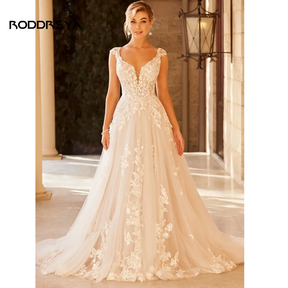 RODDRSYA elegante abito da sposa per donna con scollo a v manica con cappuccio Appliques in pizzo Vestido De Noiva con pulsante Sweep Train Custom Made