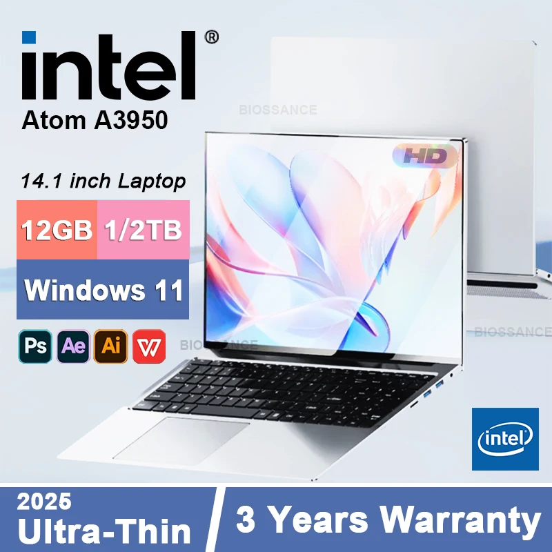 2025 Notebook aziendale professionale ultrasottile Windows 11 Intel Atom A3950 12 GB RAM 1 TB 2 TB SSD Computer portatile da 14,1 pollici PC