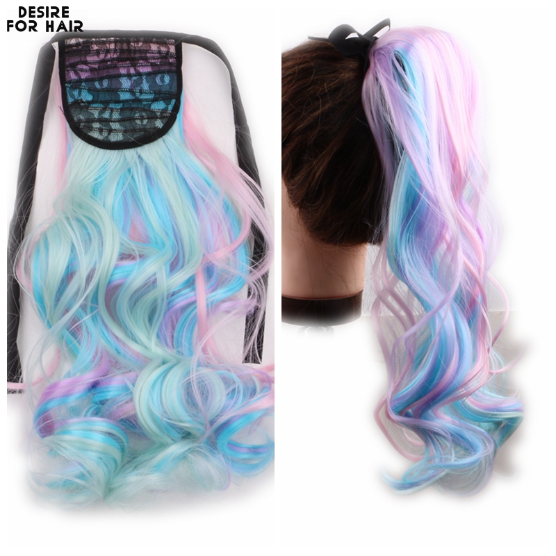 Ombre สีฟ้าสีชมพู 22 นิ้วหยักลอนริบบิ้นหางม้าสําหรับเด็กและผู้หญิงสังเคราะห์คลิปใน Drawstring ผมหางม้า Extension ผมชิ้น