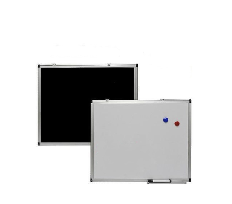 Quadro branco magnético dupla face, um para marcadores e um para giz. Inclui dois ímãs e um marcador apagável a seco. Design moderno com moldura de alumínio prateado, uso frequente e fácil de limpar