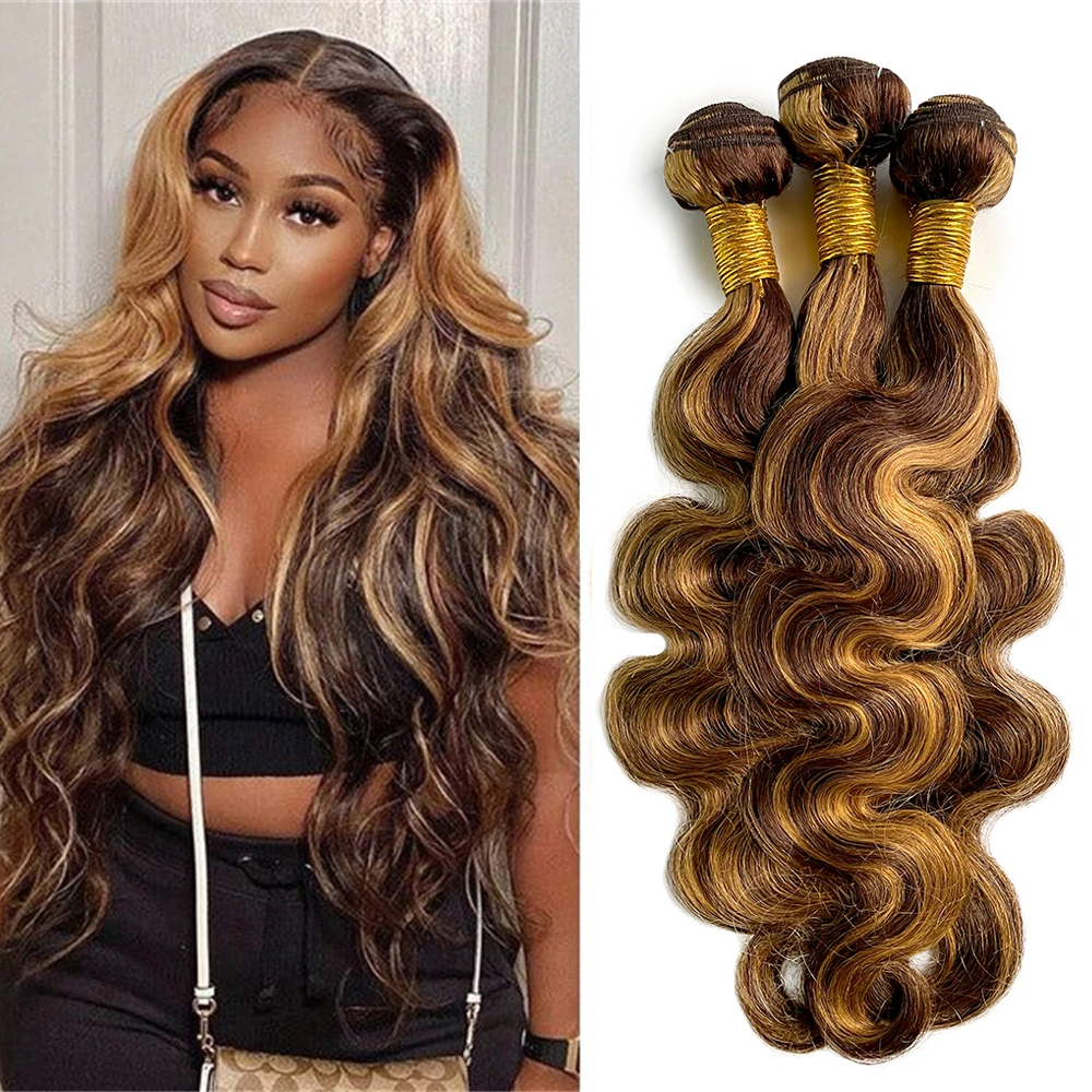 Onda do corpo destaque pacotes de cabelo humano brasileiro 30 polegada brasileiro 100% tecer cabelo humano 1/3 pacotes para mulher 4/27 ombre colorido