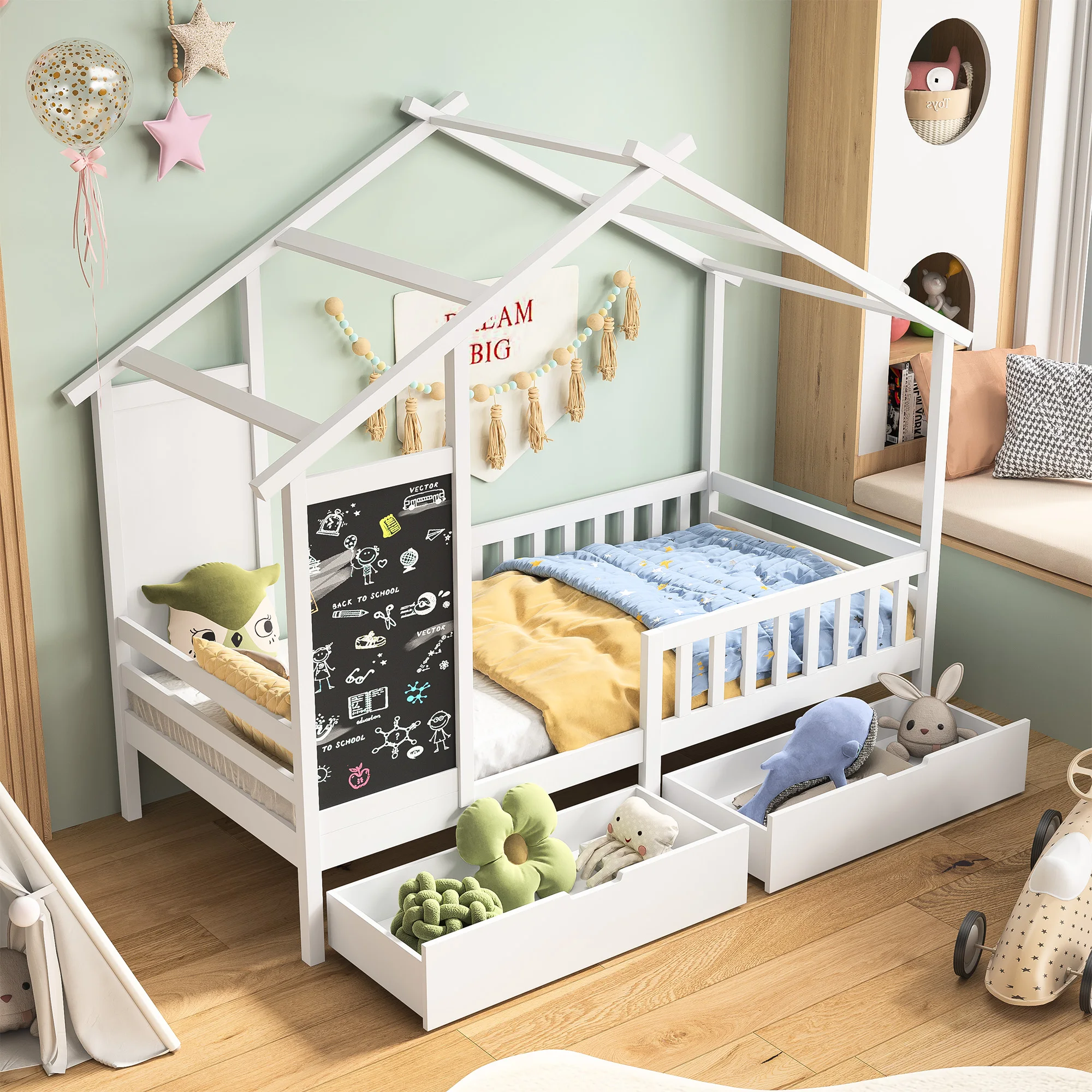 Letto per bambini 90x200 cm, letto in legno con lavagna e 2 cassetti, legno massello con recinzione e struttura a doghe