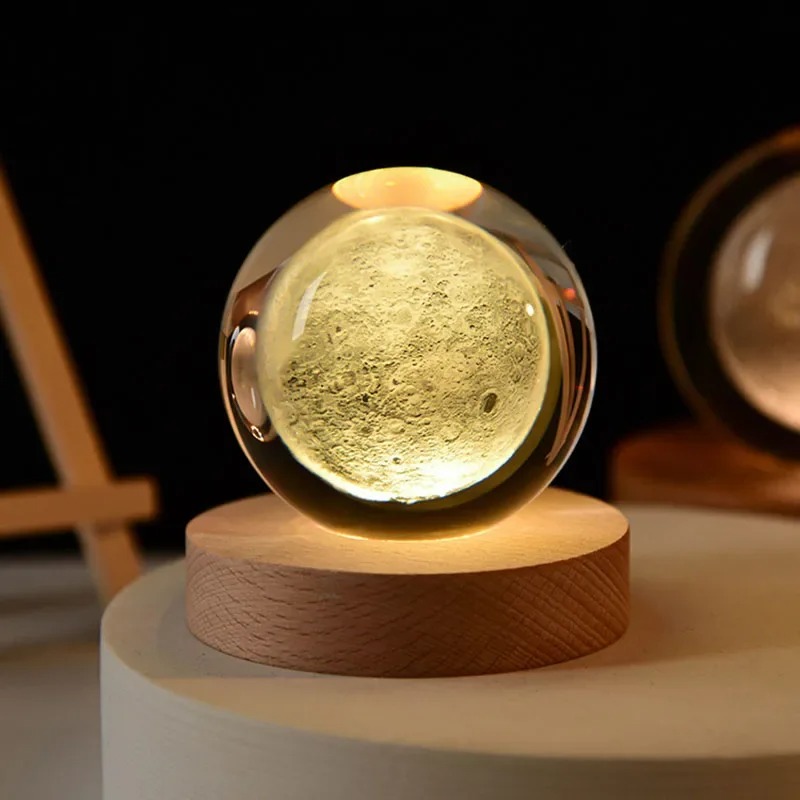 6cm 3D Crystal Ball Glass Ball Planet Earth Wooden Base Solar System Galaxy Astronomy Birthday Gift Home Desktop Decoration