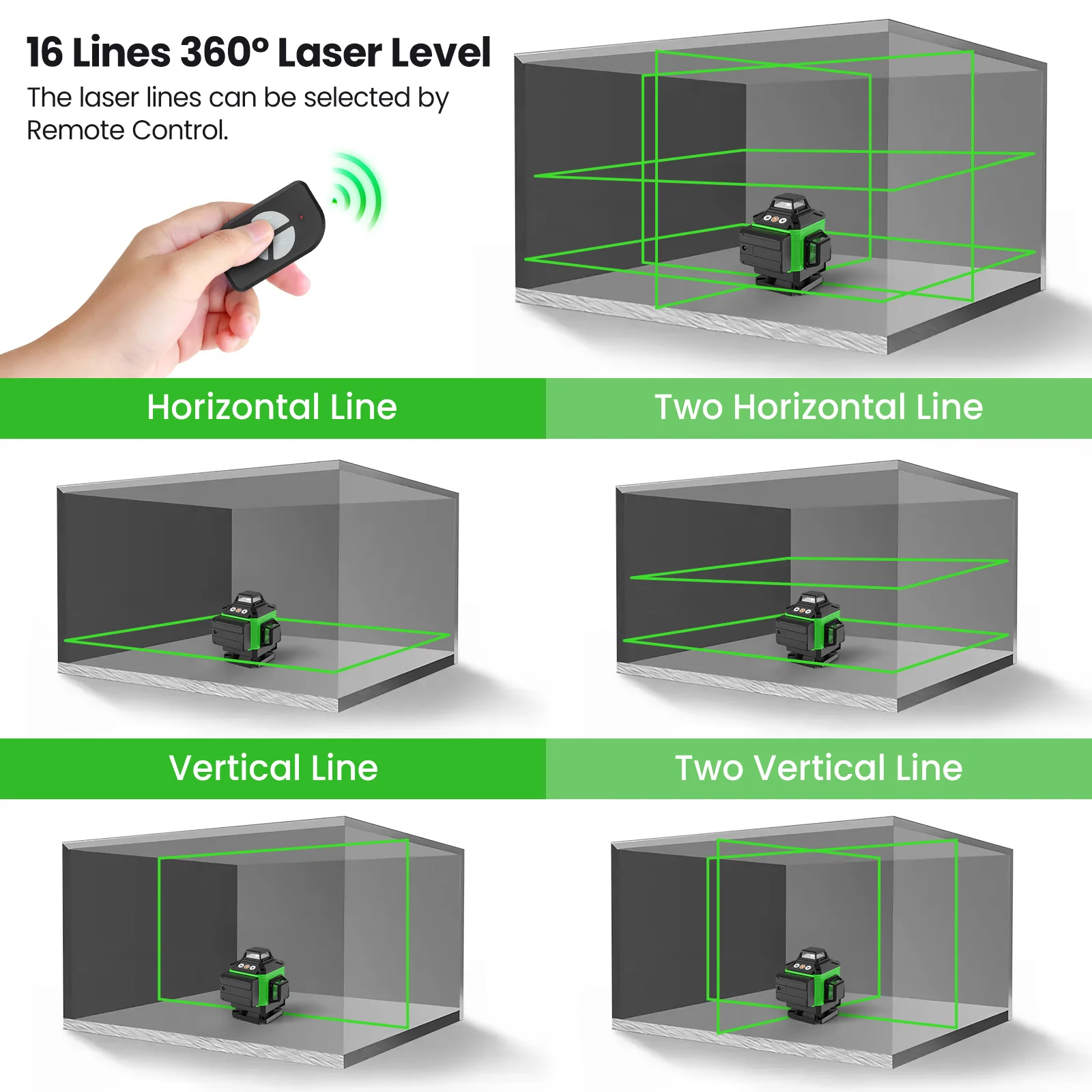 Nivel láser 4D de 16/12 líneas, línea verde, autonivelante, 360 Horizontal y Vertical, nivel láser súper potente, nivel láser de haz verde