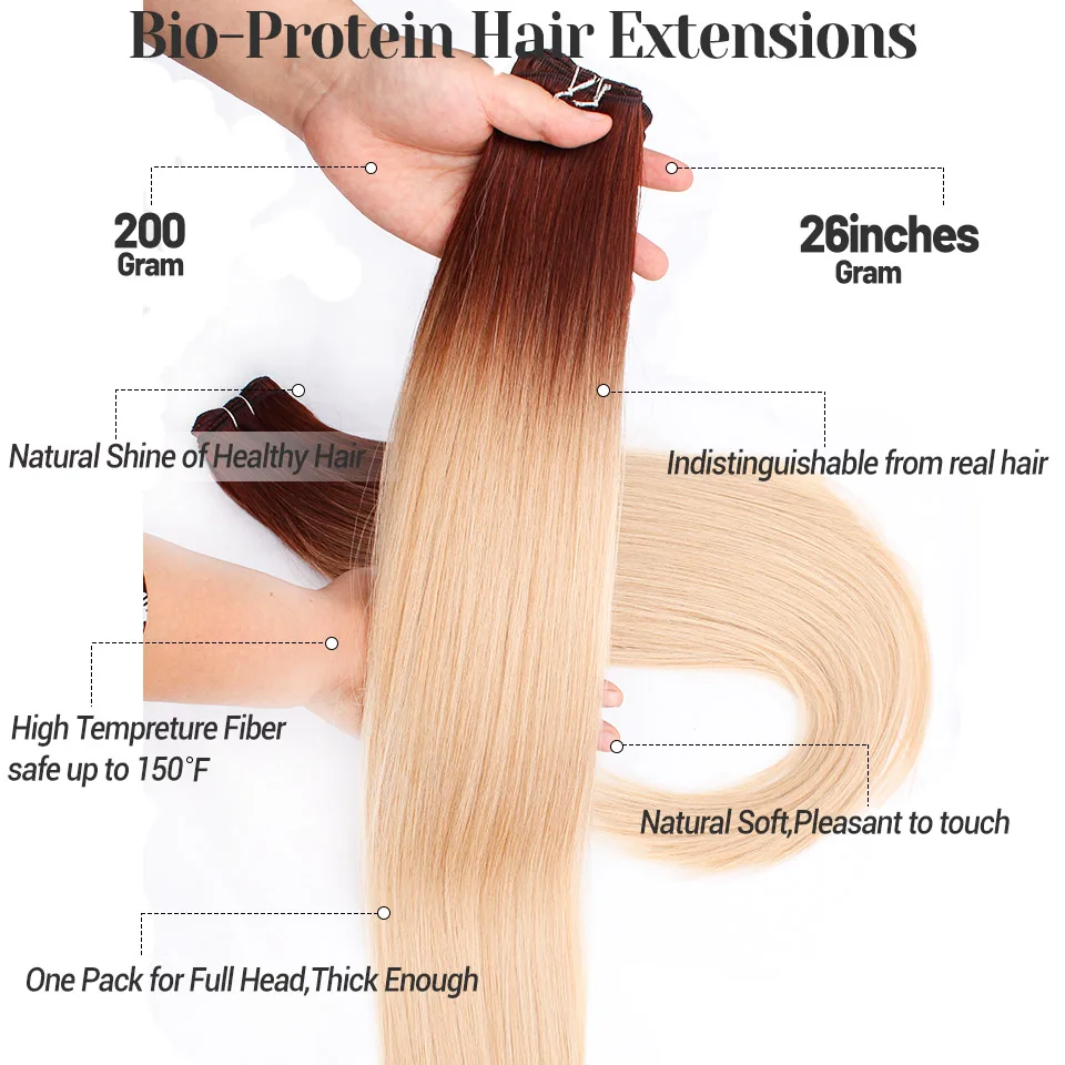 Bio-proteína em linha reta tecer cabelo sintético pacotes de fibra resistente ao calor 26 polegadas rabo de cavalo extensões de cabelo sintético em linha reta