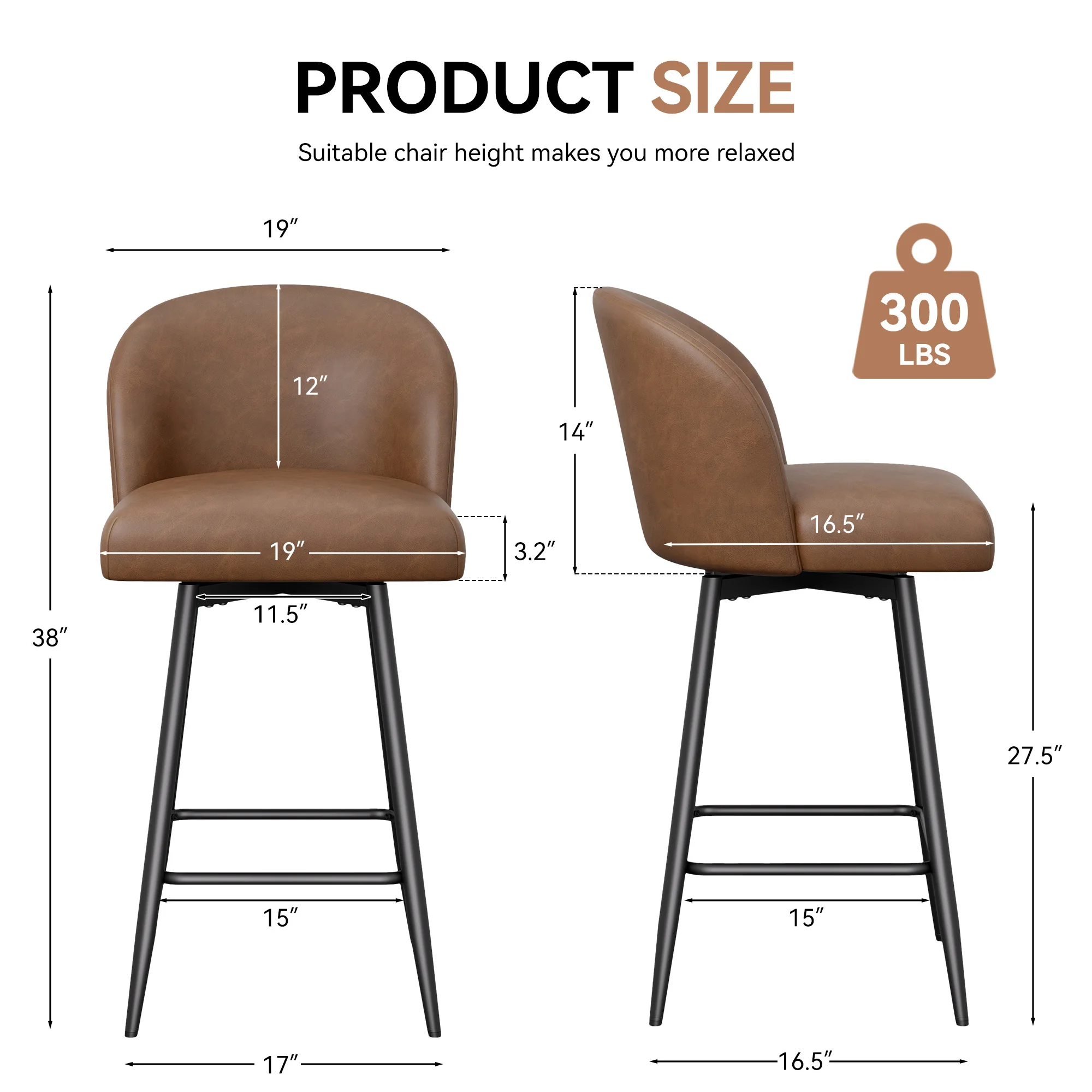 Counter Height Bar Stools Set of 2,360° Swivel Barstools with High Back and Metal Legs,26" Seat Height, Upholstered PU Leather