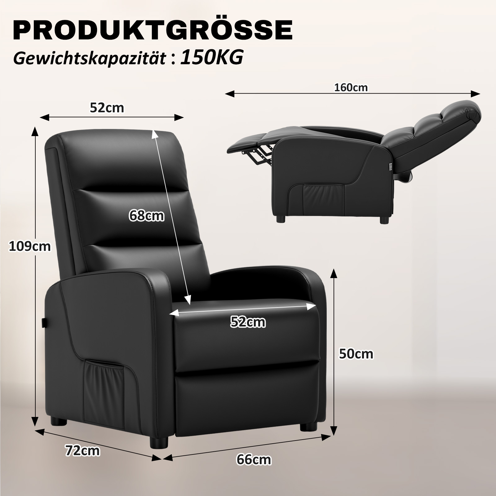 COMHOMA-Poltrona Relax com Encosto Ajustável, Almofadas de Penas com Apoio para os Pés, Lounge Individual, TV, Casa, Até 160 °