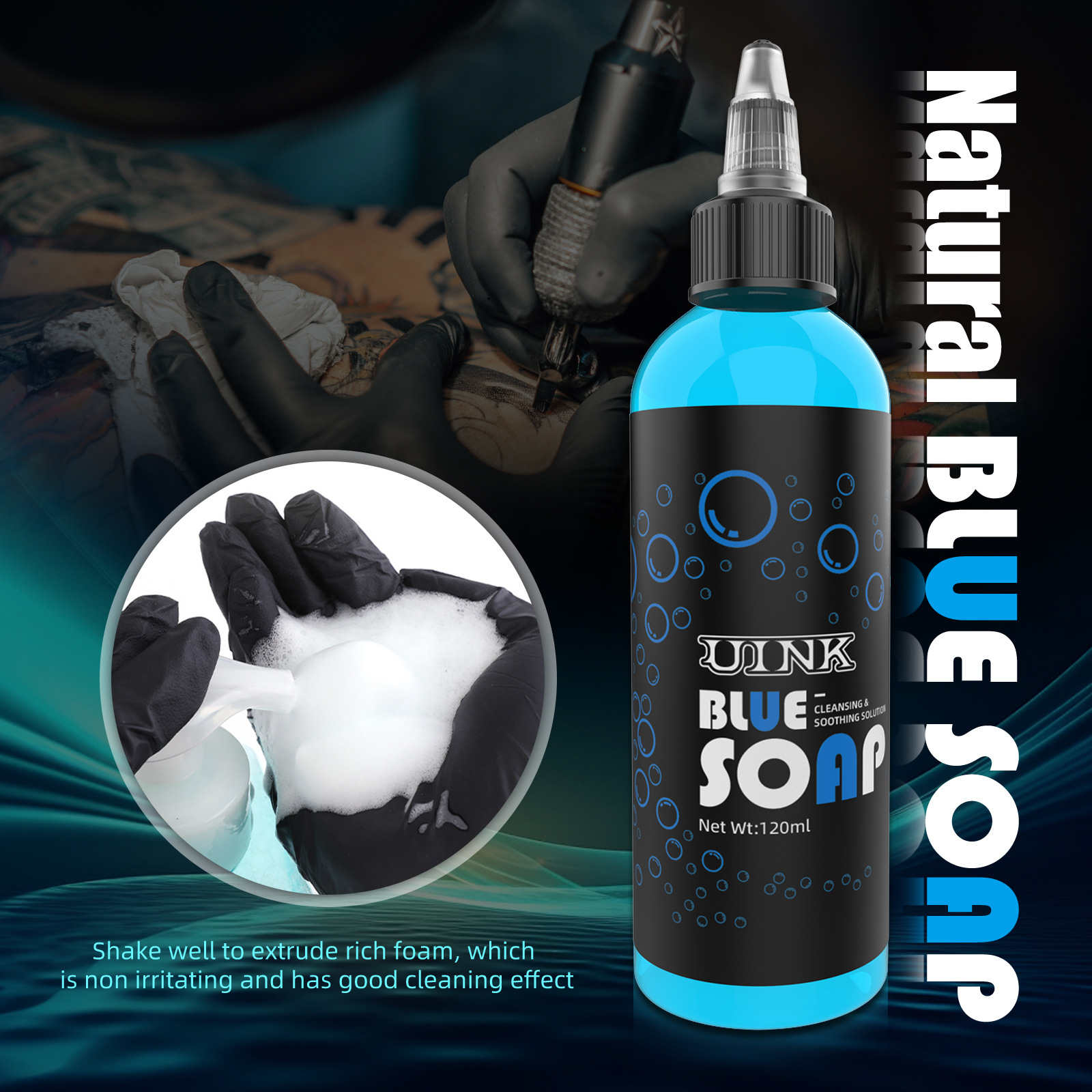 UINK Tattoo Blue Soap 120 ml Herramienta de limpieza de tatuajes con bote de espuma Kit de tatuaje adecuado para principiantes de tatuajes y artistas de tatuajes