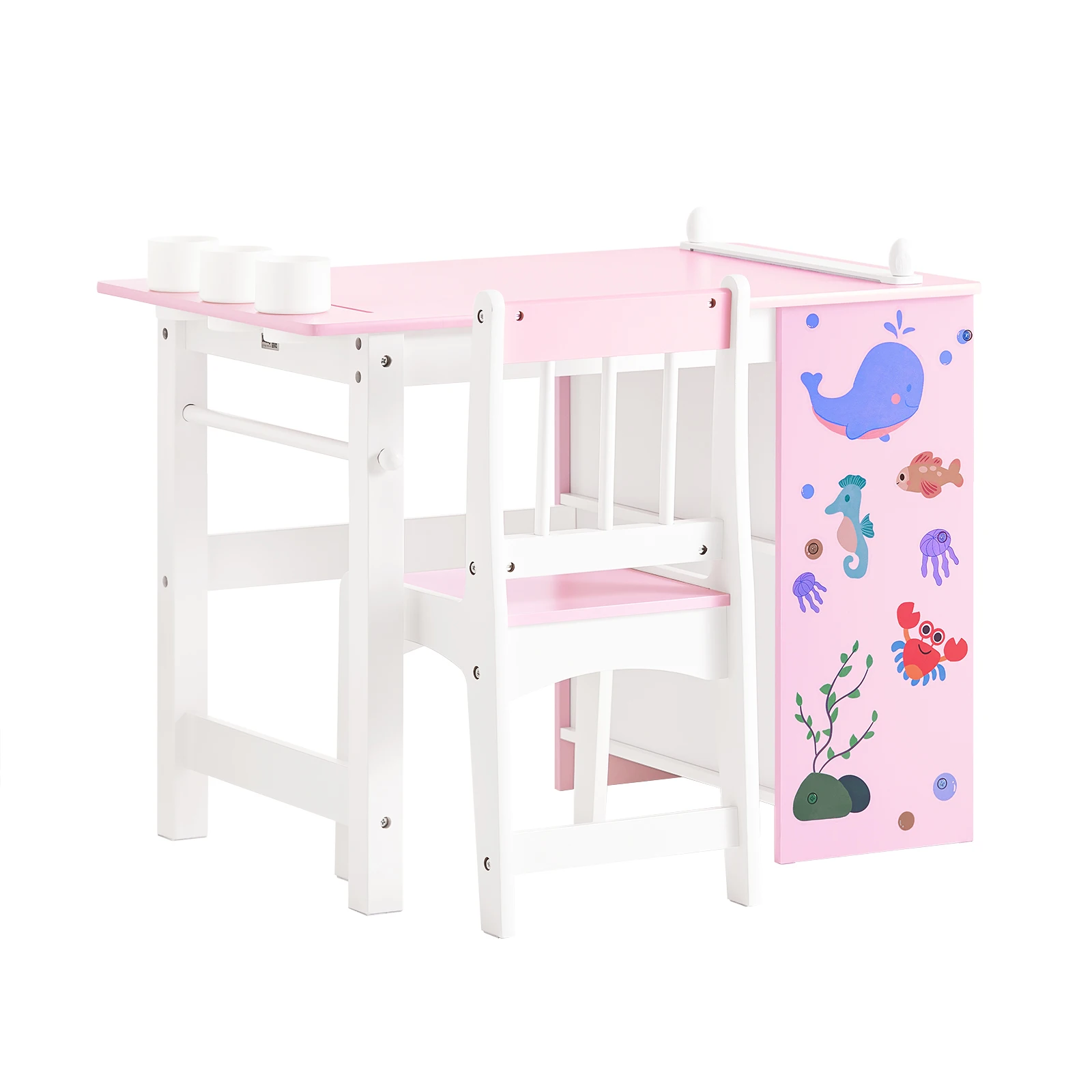 SoBuy KMB116-P 2 Stück Kindertisch und Stuhl Set mit Aufklebern DIY Kinderschreibtisch mit 3 Stifthaltern Set Maltisch