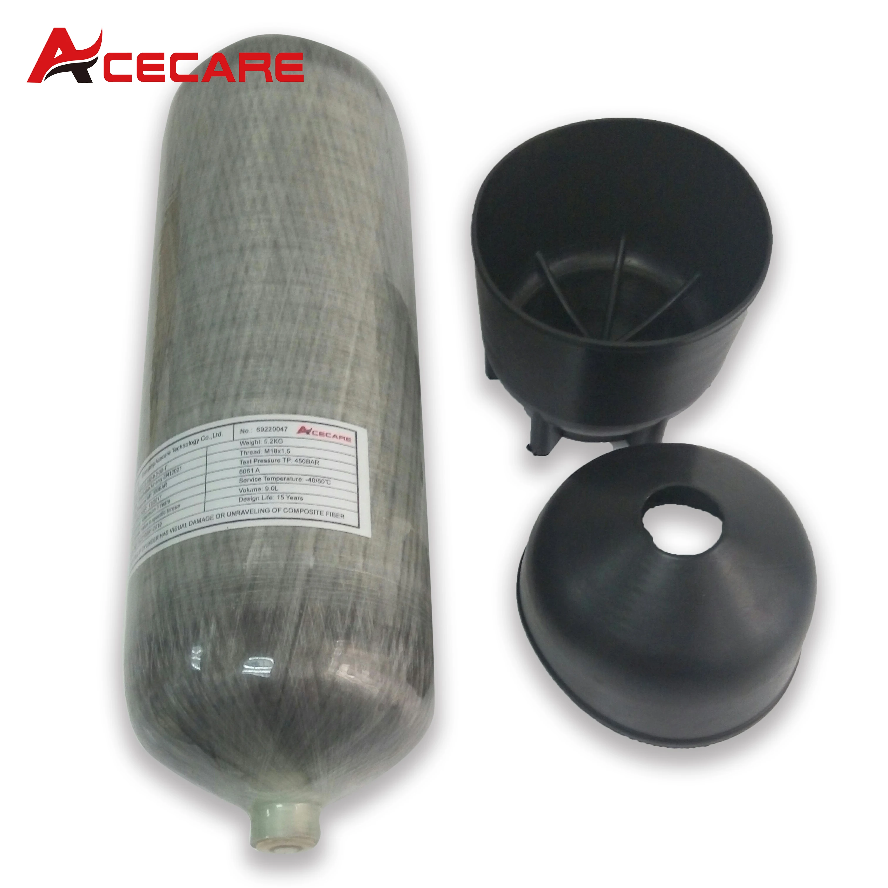 ACECARE HPA Cilindro De Fibra De Carbono com Botas De Proteção De Borracha, Scba Diving Air Tank, M18 * 1.5, 300Bar, 4500Psi, 30Mpa, 9L