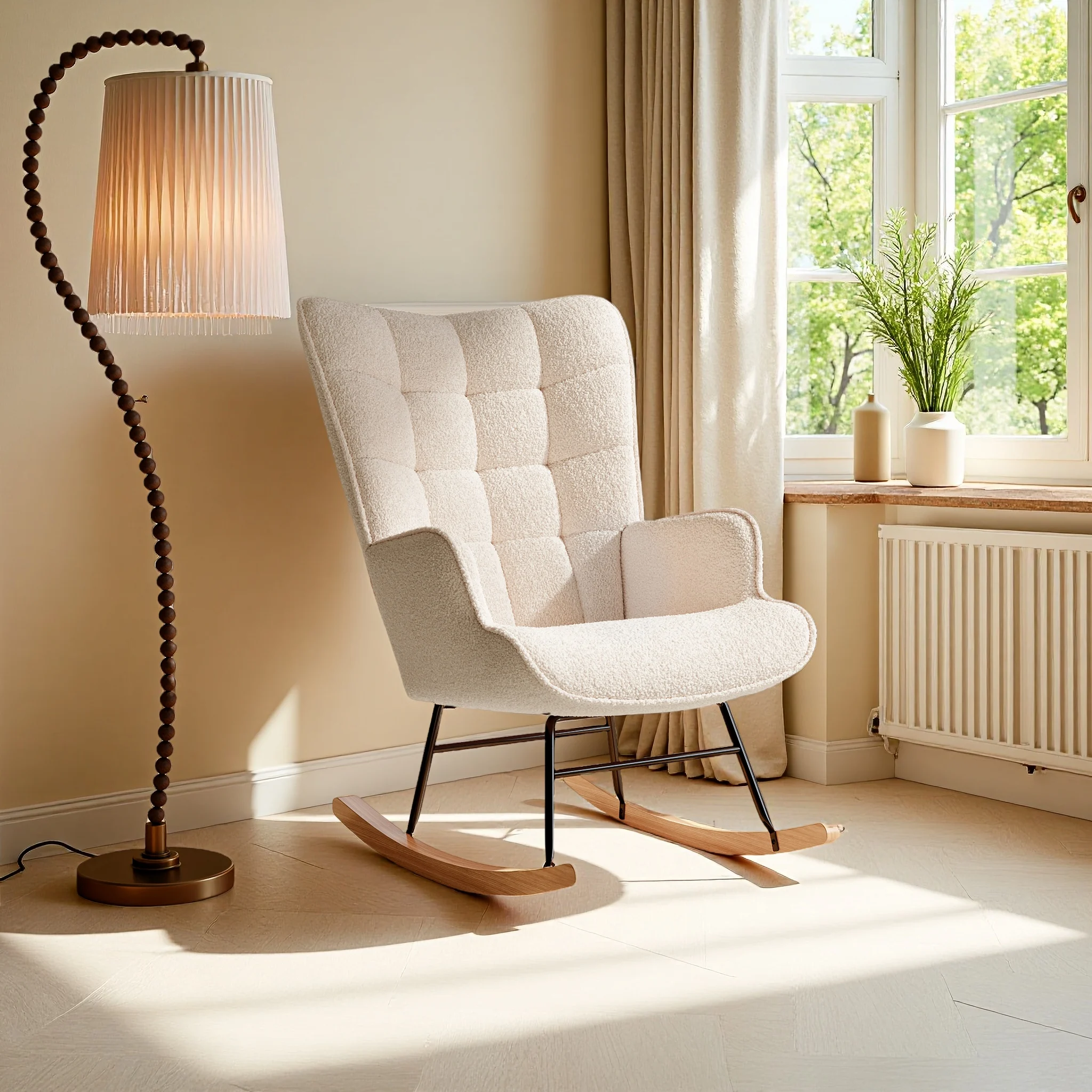 Rosahqnda Rocking chair 92x75x69cm, Teddy Velvet Nursing Chair, Living Room, Bedroom Leisure Chair, Pink Gray Beige
