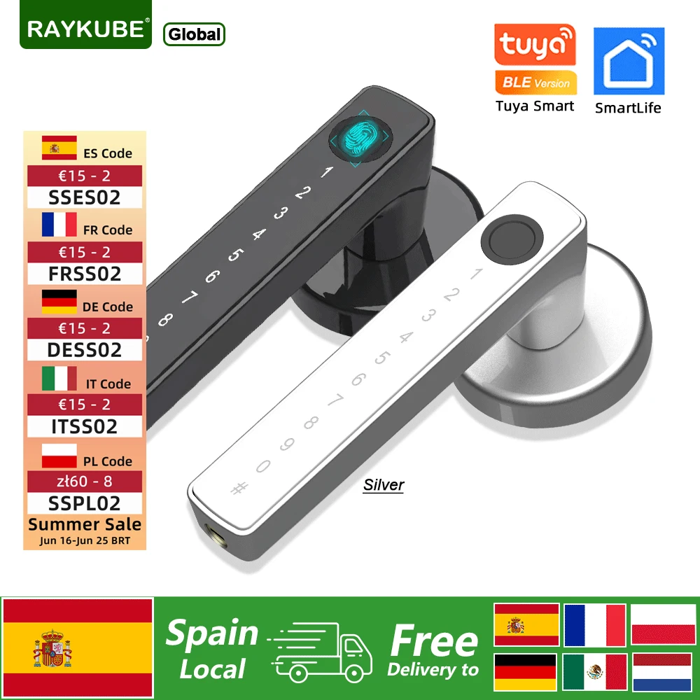 RAYKUBE M5 Tuya BLE serrure de porte intelligente à empreintes digitales serrure électronique avec mot de passe/clé/carte/application Tuya déverrouiller livraison gratuite depuis l'espagne