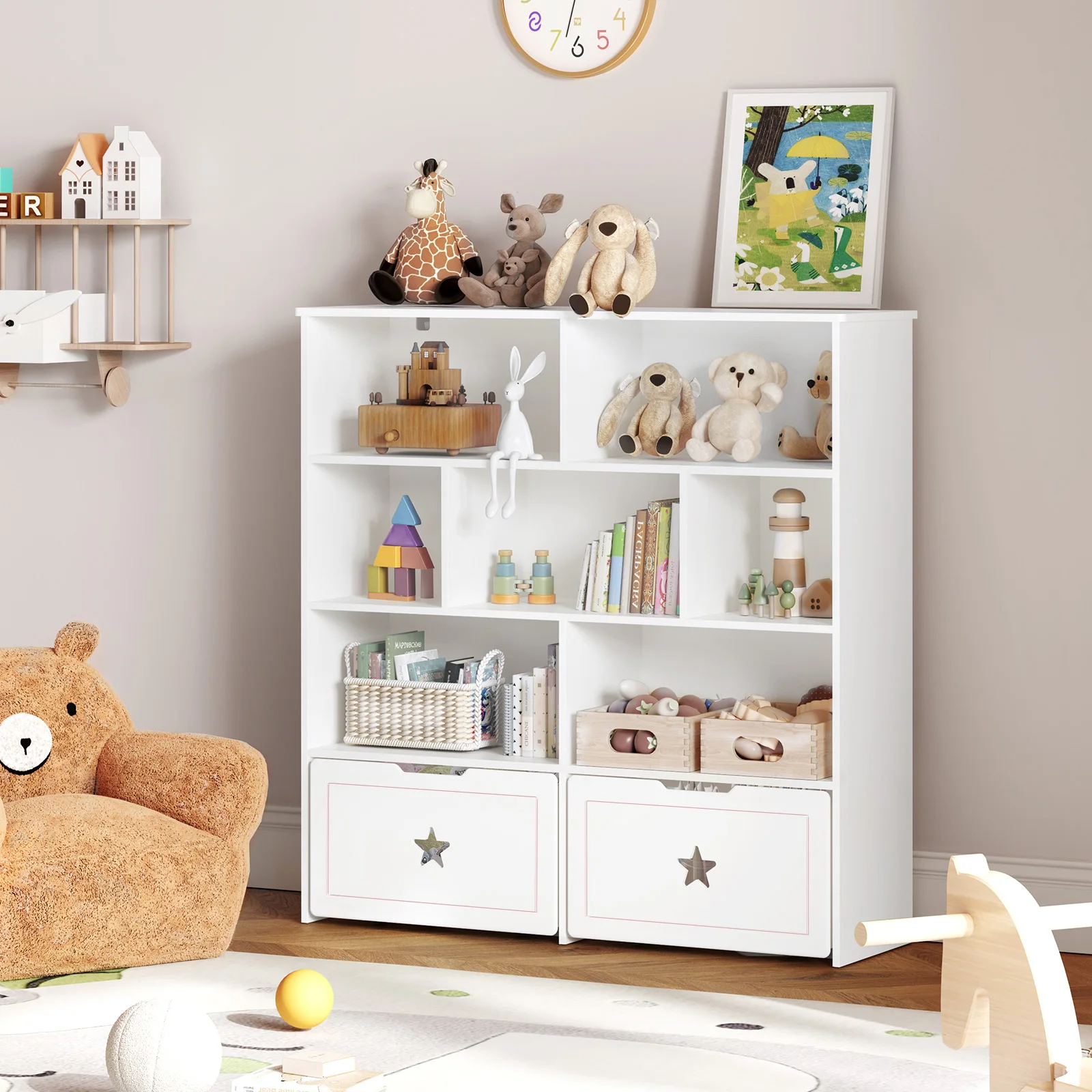 46" Toy Shelf for Kids Rooms,Cute Star Toy Storage Cabinet,Kids Bookshelf,Kids Bookcase with 7 Cubbies & 2 Rolling Drawers