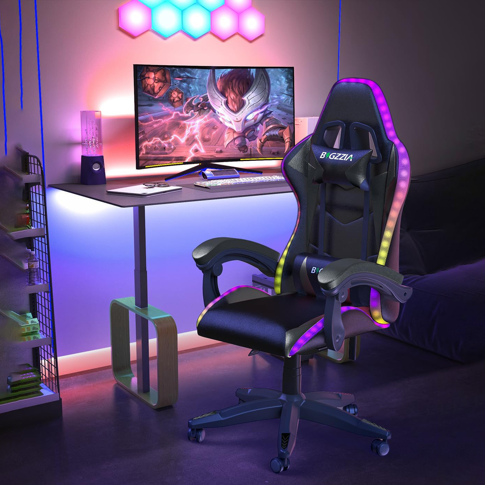 RGB Gaming Chair LED Lights and Ergonomic Computer Chair Reclining PU Leather High Back Video Game Chair Linkage Armrest