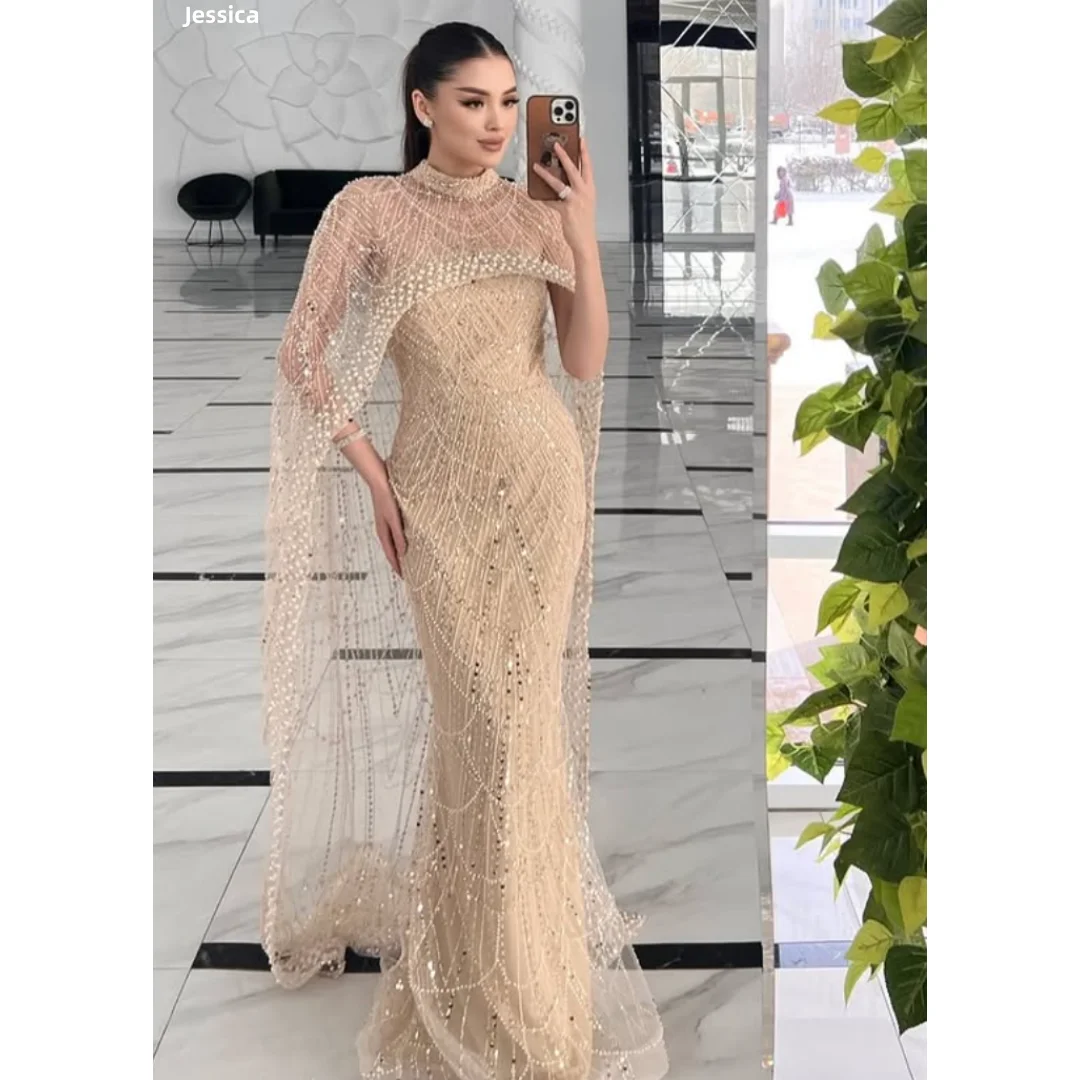 Jessica champanhe gola alta vestidos de noite luxuoso tule frisado xale vestidos de baile elegantes vestidos de festa de casamento personalizados