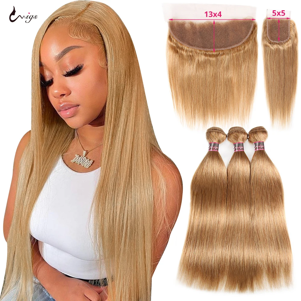 Pacotes de cabelo humano Honey Blonde, 13x4 Destaque Frontal, Pacotes retos com Fechamento, 5x5 Ombre Transparente Colorido, #27