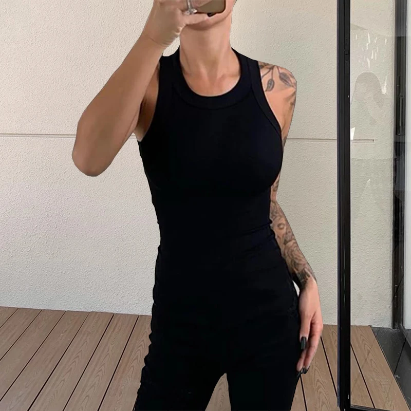 Solid Basic Tank Soft Top สําหรับผู้หญิงฤดูร้อนชุดเซ็กซี่รอบคอ Tank Top ถักด้านล่างเสื้อแขนกุด Top Jacket