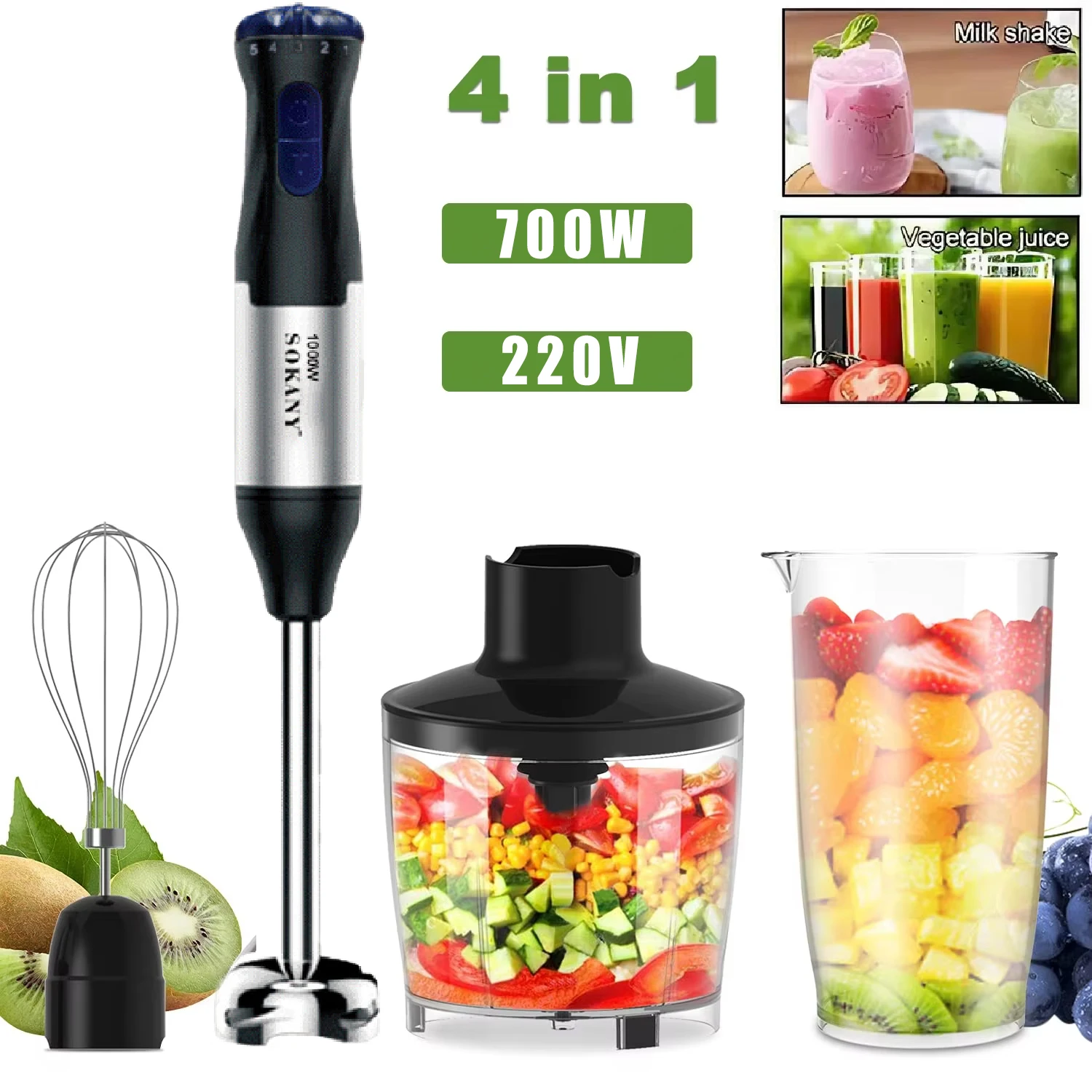 4-in-1-Mixer-Eintauchen, Zerkleinerer aus Edelstahl, Kraftstoff-W-Mixer, für Küche, Gemüsesorten, Fleisch, Schneebesen