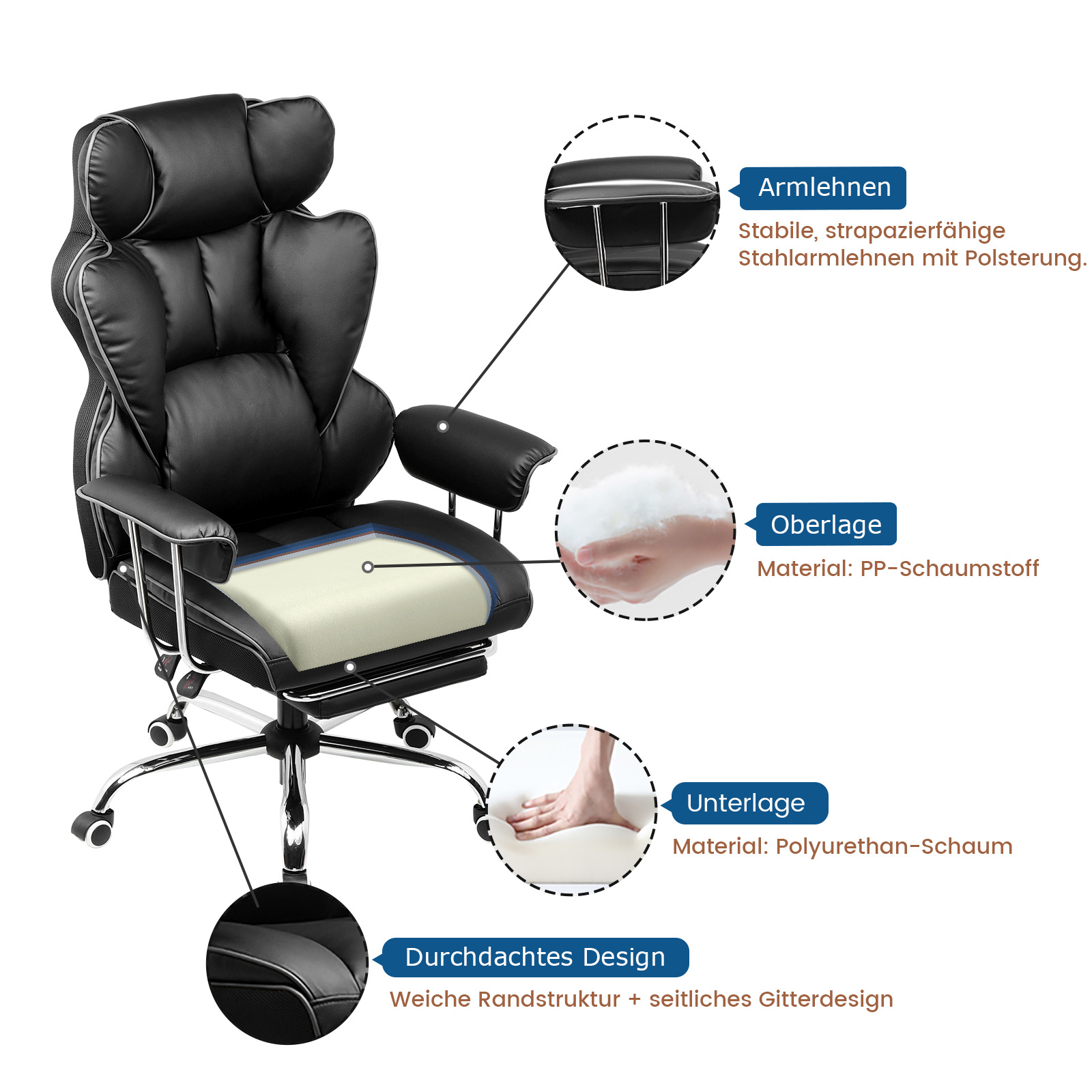 Chaise de jeu GTPLAYER, chaise de jeu, chaise de bureau ergonomique avec repose-pieds, surface en tissu, coussin de siège à ressort, chaise de jeu rembourrée, fauteuil de jeu capacité de charge de 150 kg