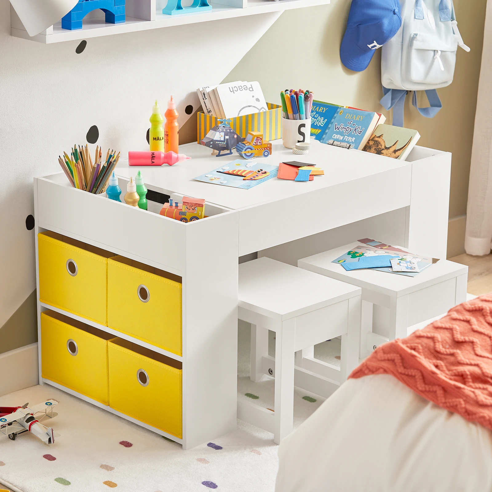 SoBuy KMB75-W table pour enfants avec 2 chaises groupe de sièges pour enfants avec espace de rangement siège enfant multifonctionnel groupe ensemble de chaises de table pour enfants