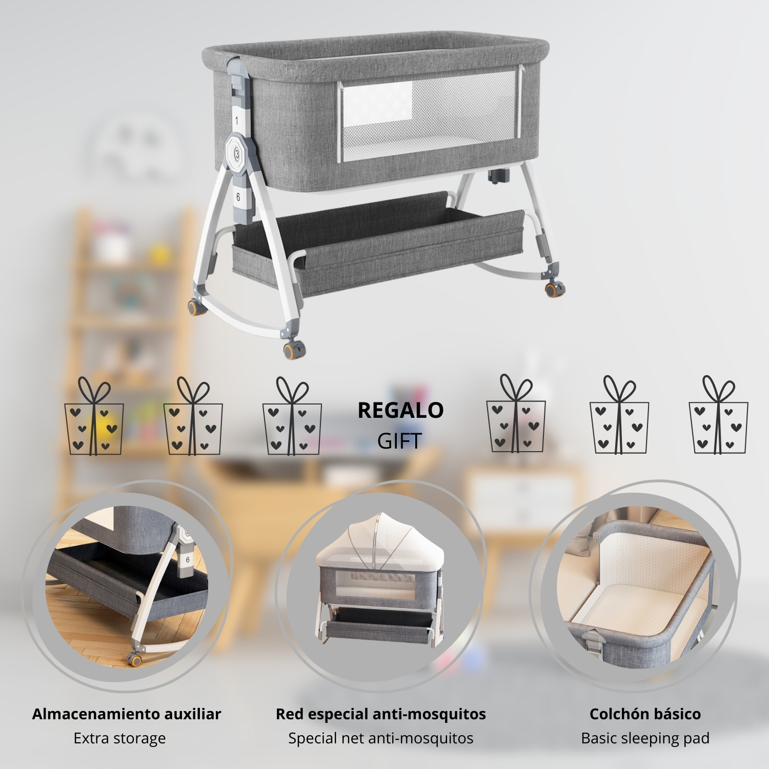 JUICYGOODS - Cuna 3 en 1 covertible, Hasta 13 kg, Cuna mecedora, Colecho, Altura ajustble, Inclinación, Con 4 ruedas, Sistema de bloqueo de seguridad en ruedas, Colchón ergonómico de espuma incluido