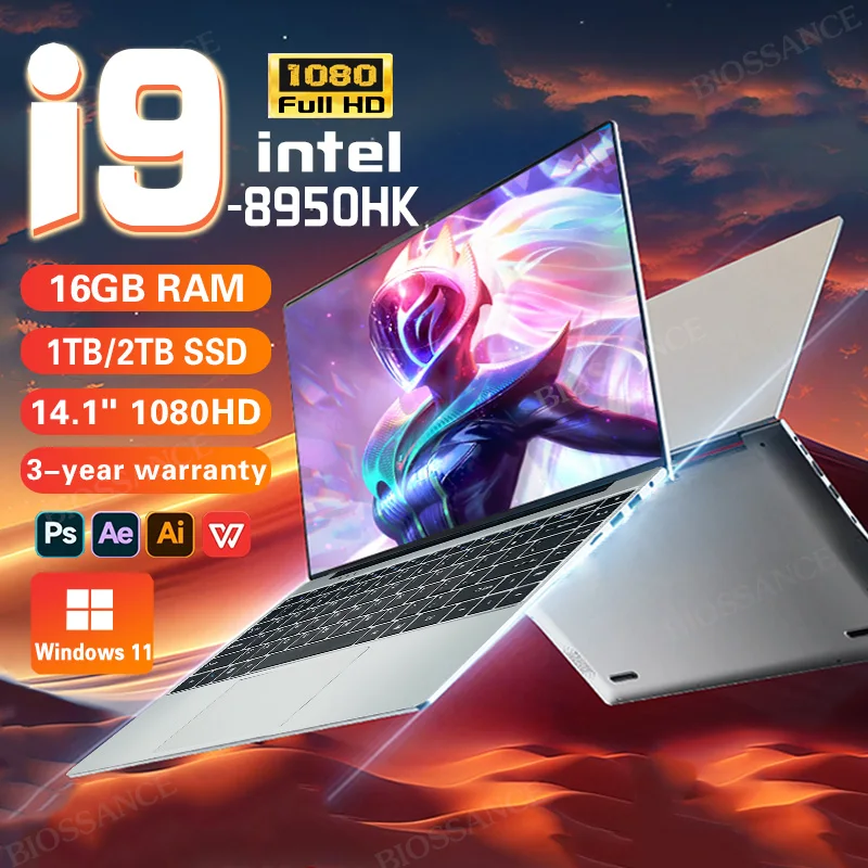 2025 Laptop da gioco portatile Windows 11 Intel Core i9 8950HK Notebook da 14,1 pollici 16 GB DDR4 1 TB 2 TB SSD 1920 * 1080 Pc Gamer Laptop
