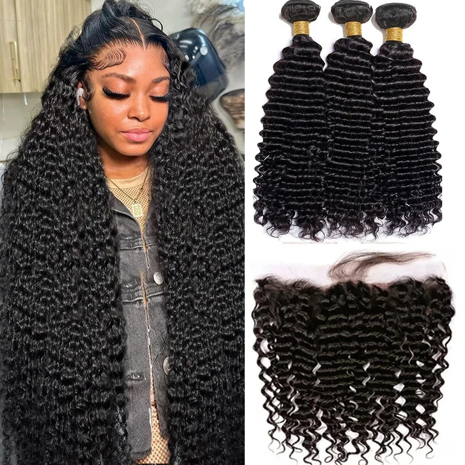 Onda profunda pacotes de cabelo humano com 13x4 transparente hd laço frontal extensões brasileiras tecer 3 4 pacotes com fecho para mulher