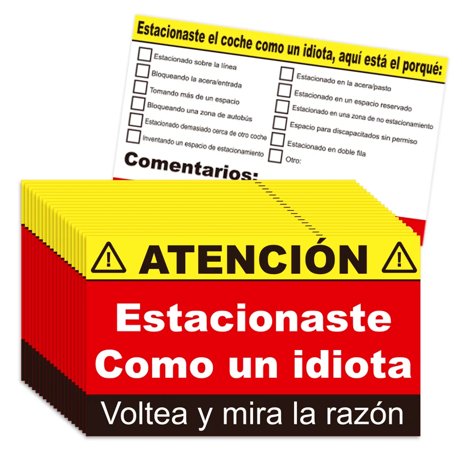 100 cartões de violação de estacionamento espanhol - lembrete de estacionamento não autorizado, sem alerta de zona de licença, com mensagem pré-impresso.