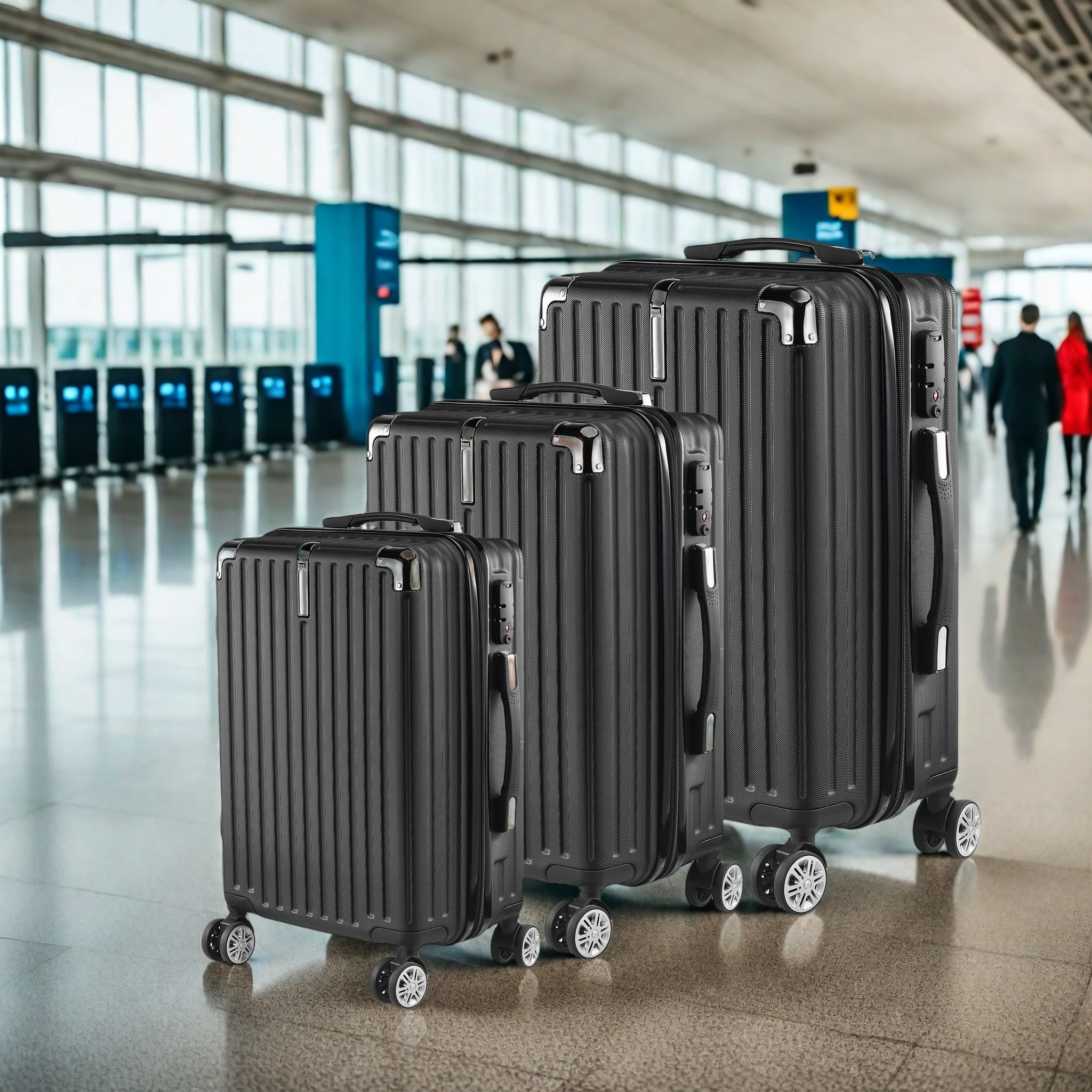 Anajqaqia 3-teilige Gepäcksets, Reisekoffer, Flightcase mit TSA-Schloss, Aluminium-Teleskopgriff, 4 Spinnerräder, Schwarz