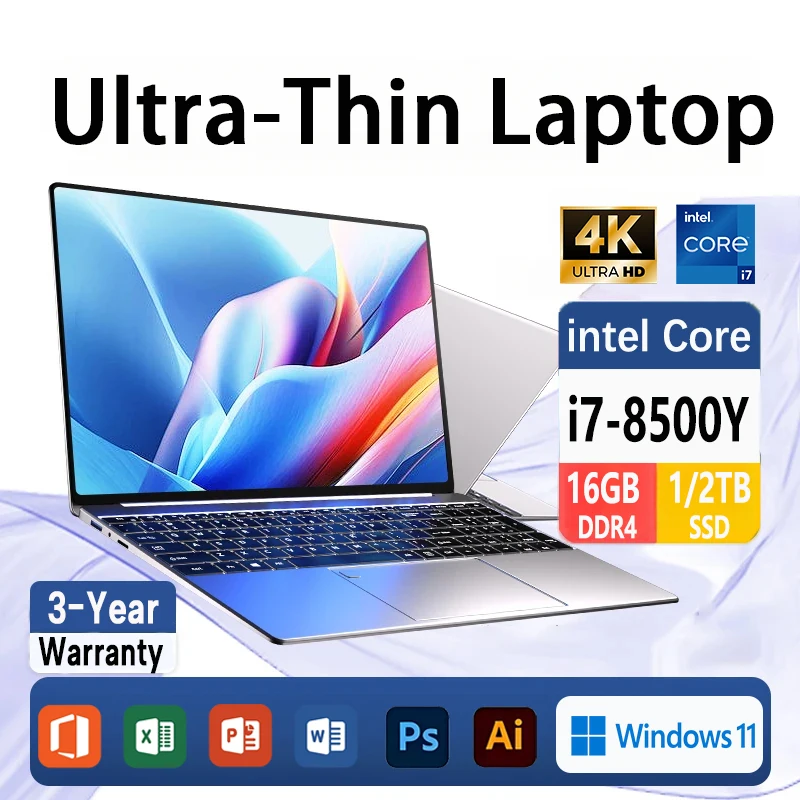 15.6" Intel Core 8500Y 16GB RAM 1TB SSD Notebook 1920*1080 Display HD Computer da studio per ufficio PC Windows 11 Pro