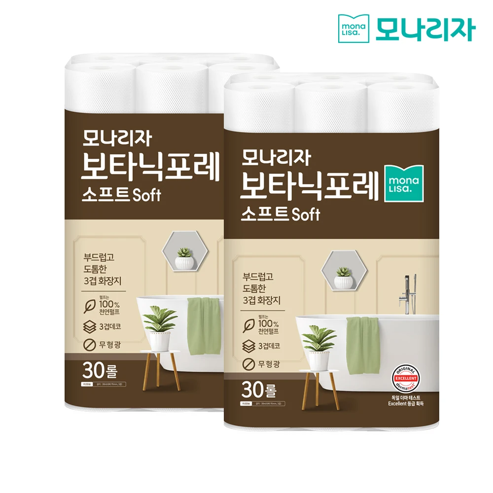 모나리자 보타닉포레 소프트 30M 30롤 2개 천연펄프 100% 롤 두루마리 휴지 화장지